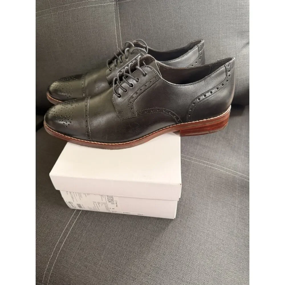 Johnston & Murphy Men's Black Leather Cap Toe Brogue Lace-Up Oxford Dress 10.5M